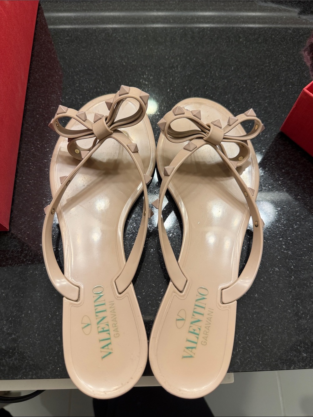 Valentino Garavani Nude Bow Rockstud Thong Sandals